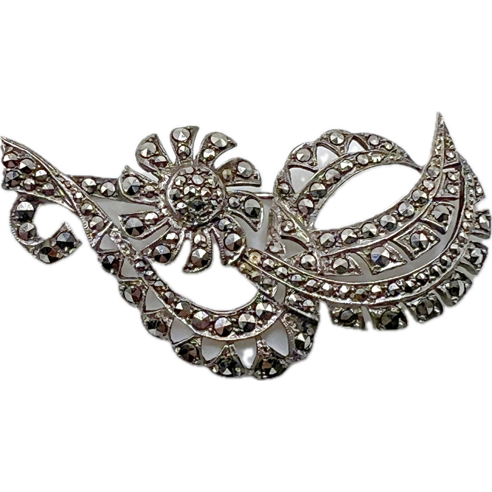 Vintage 800 CB CAMPO BASSO Italy Marcasite Silver Deco Floral Brooch Pin
